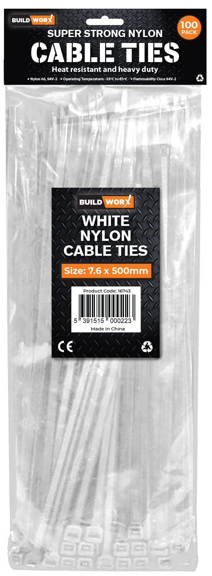 Buildworx Cable Ties 7.6 X 500 White (Pack of 100)