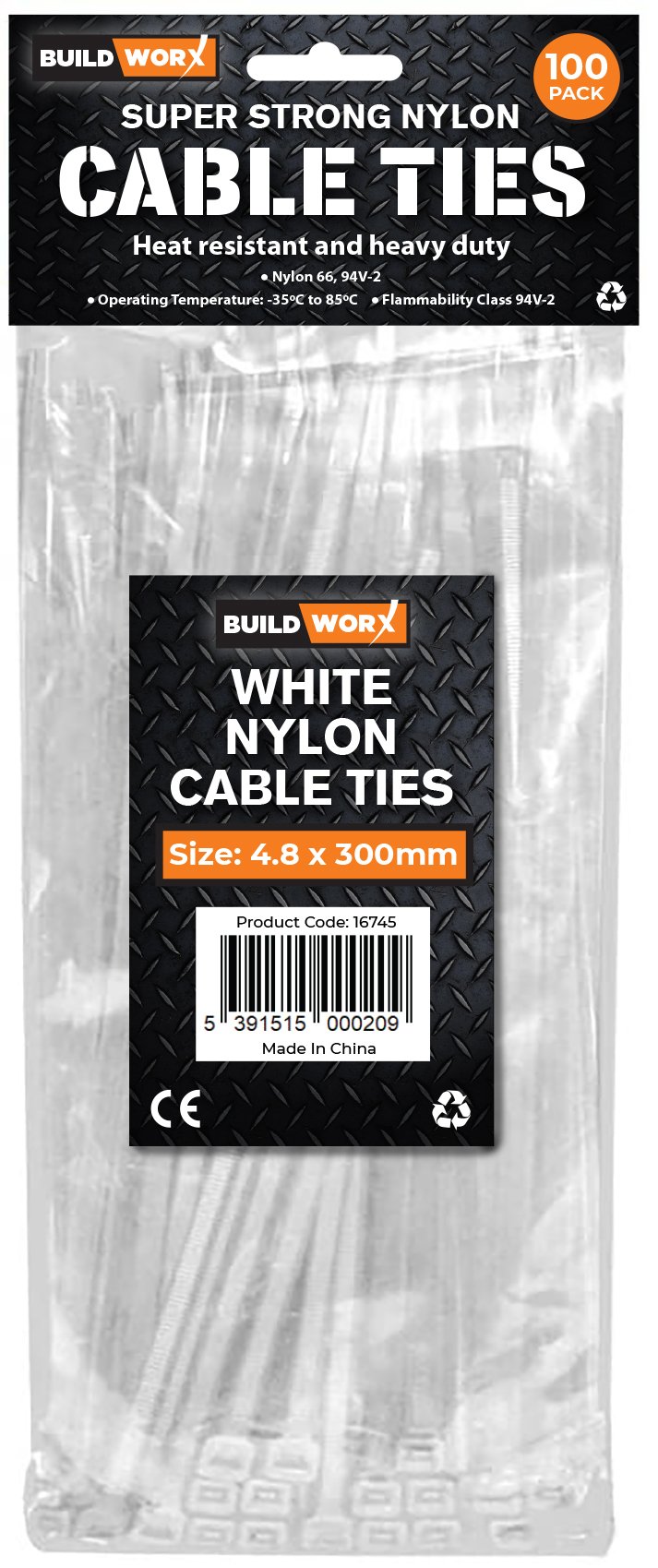 Buildworx Cable Ties  4.8 x 300 White (Pack of 100)