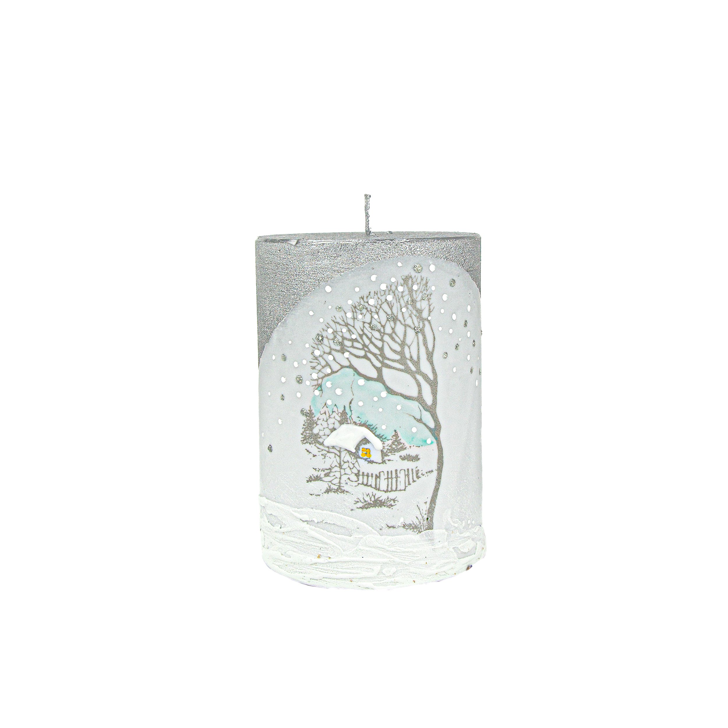 Silver and White Christmas Candle Cylinder 7x10cm