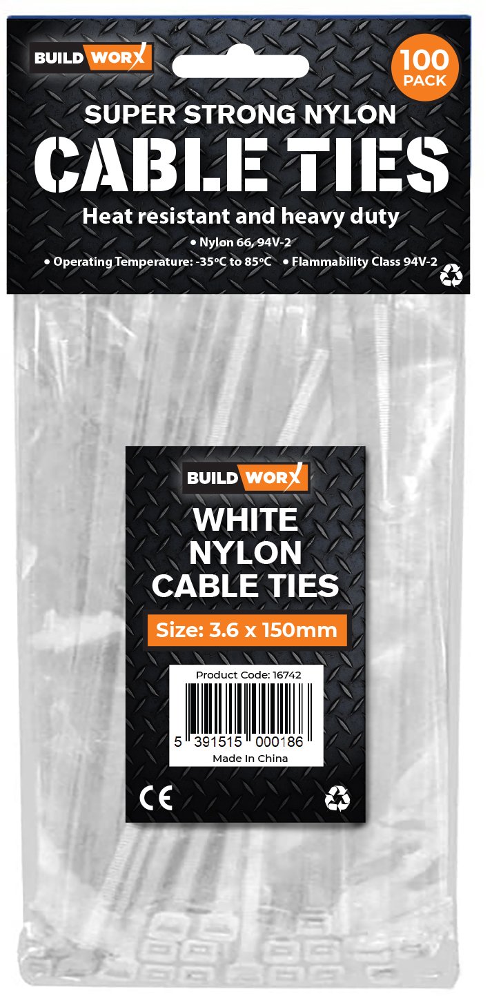 Buildworx Cable Ties 3.6  x 150 White (Pack of 100)