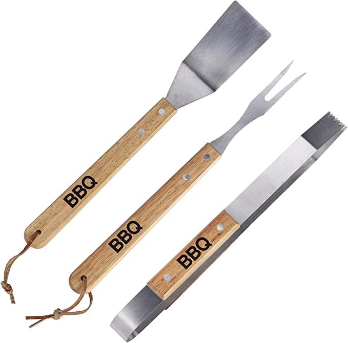 Three Piece BBQ Tools Set with Wooden Handles