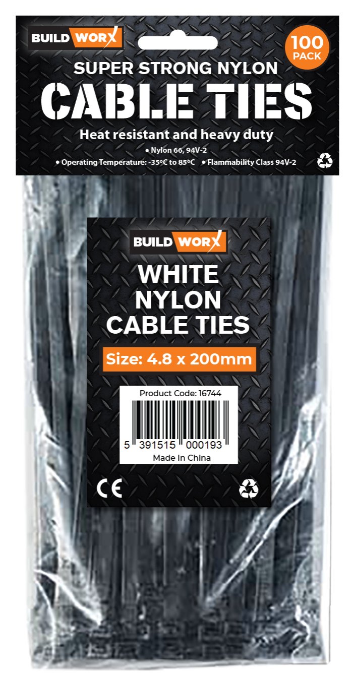 Buildworx Cable Ties 4.8 x 200 Black (Pack of 100)