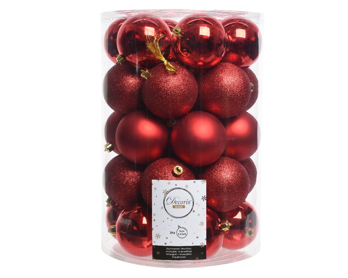 Pack of 34 Shatterproof Baubles Red