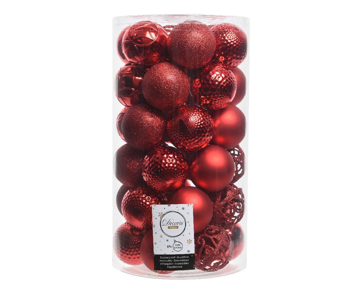 Pack of 37 Shatterproof Baubles Red Mix