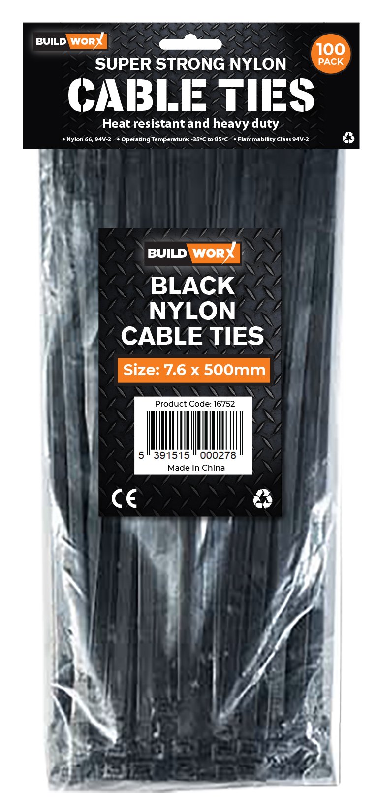 Buildworx Cable Ties 7.6 X 500 Black (Pack of 100)