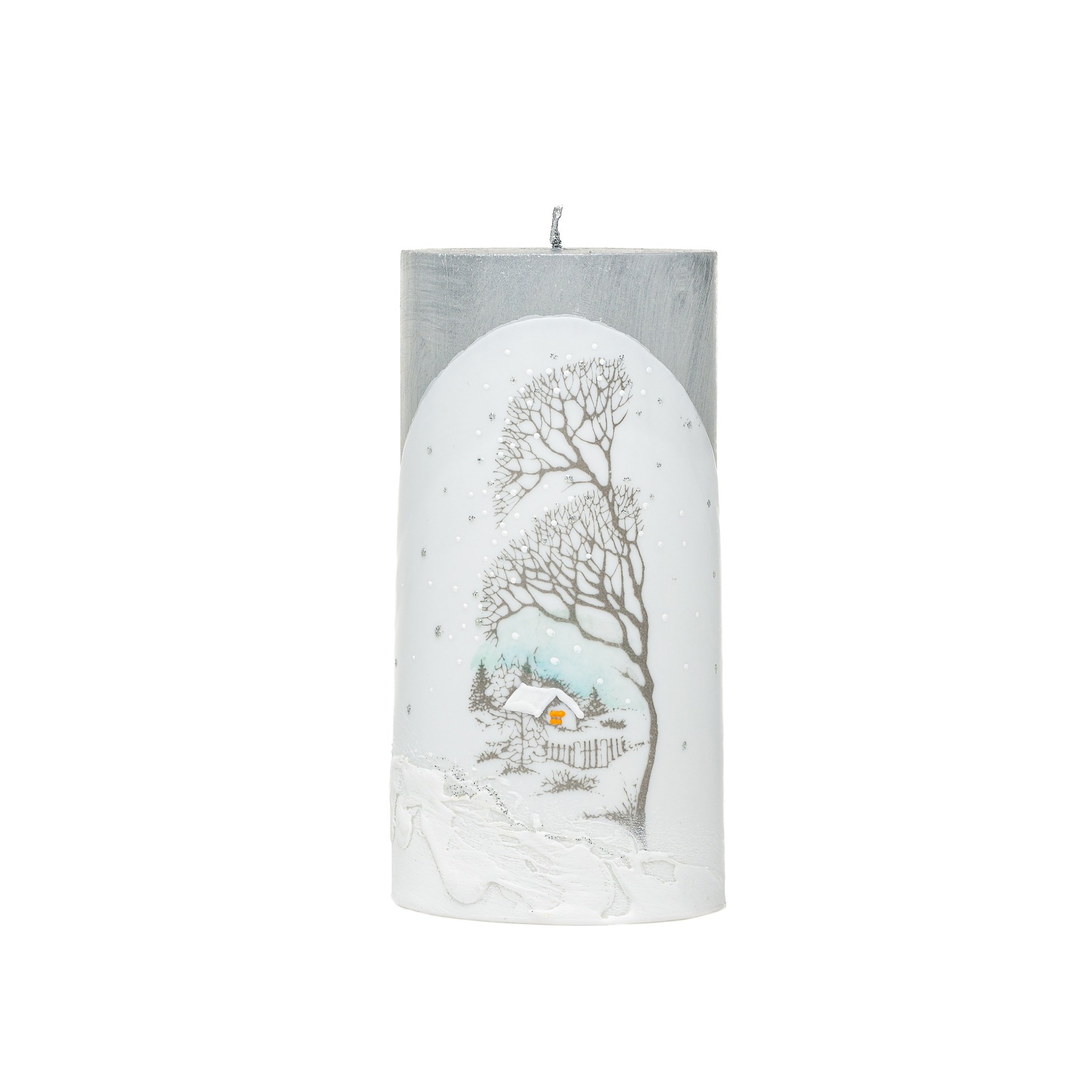 Silver and White Christmas Candle Cylinder 7x15cm