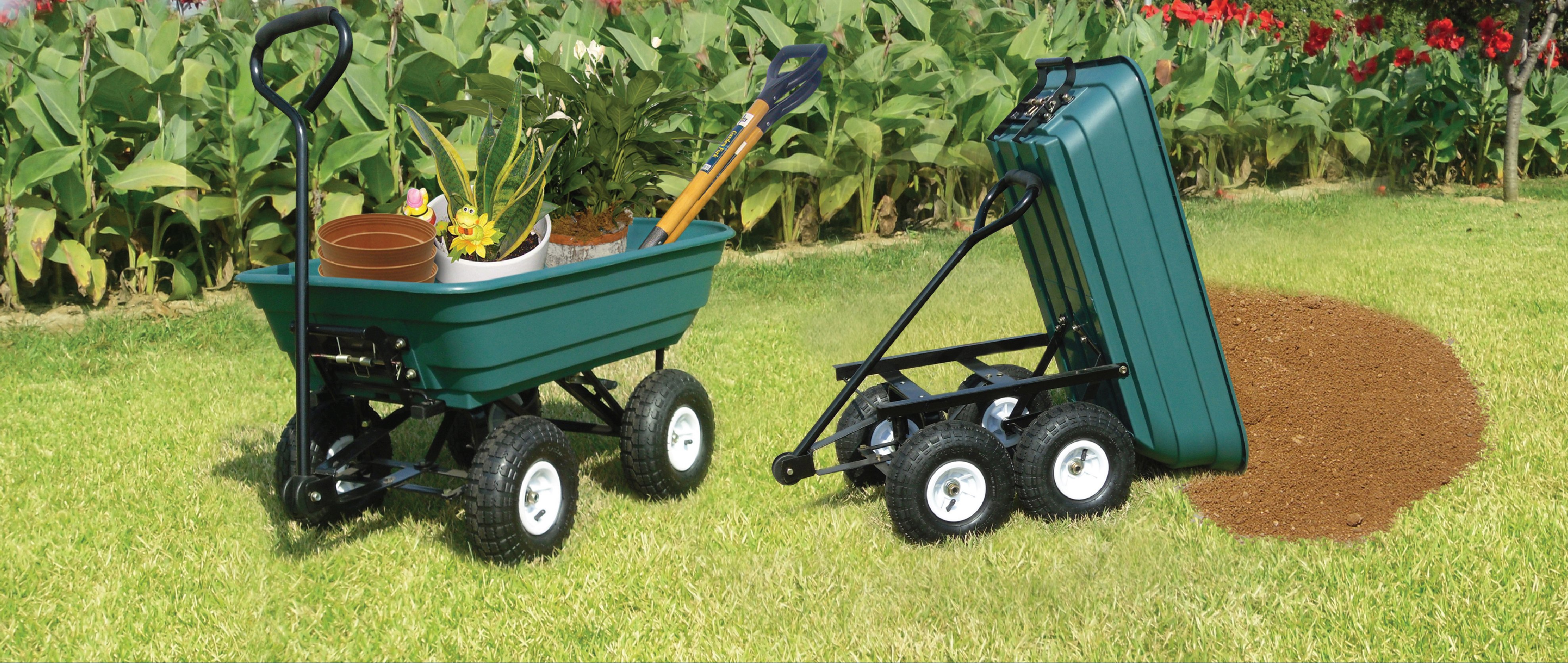 Green PVC Garden Tipper Cart 65Ltr Tray Capacity