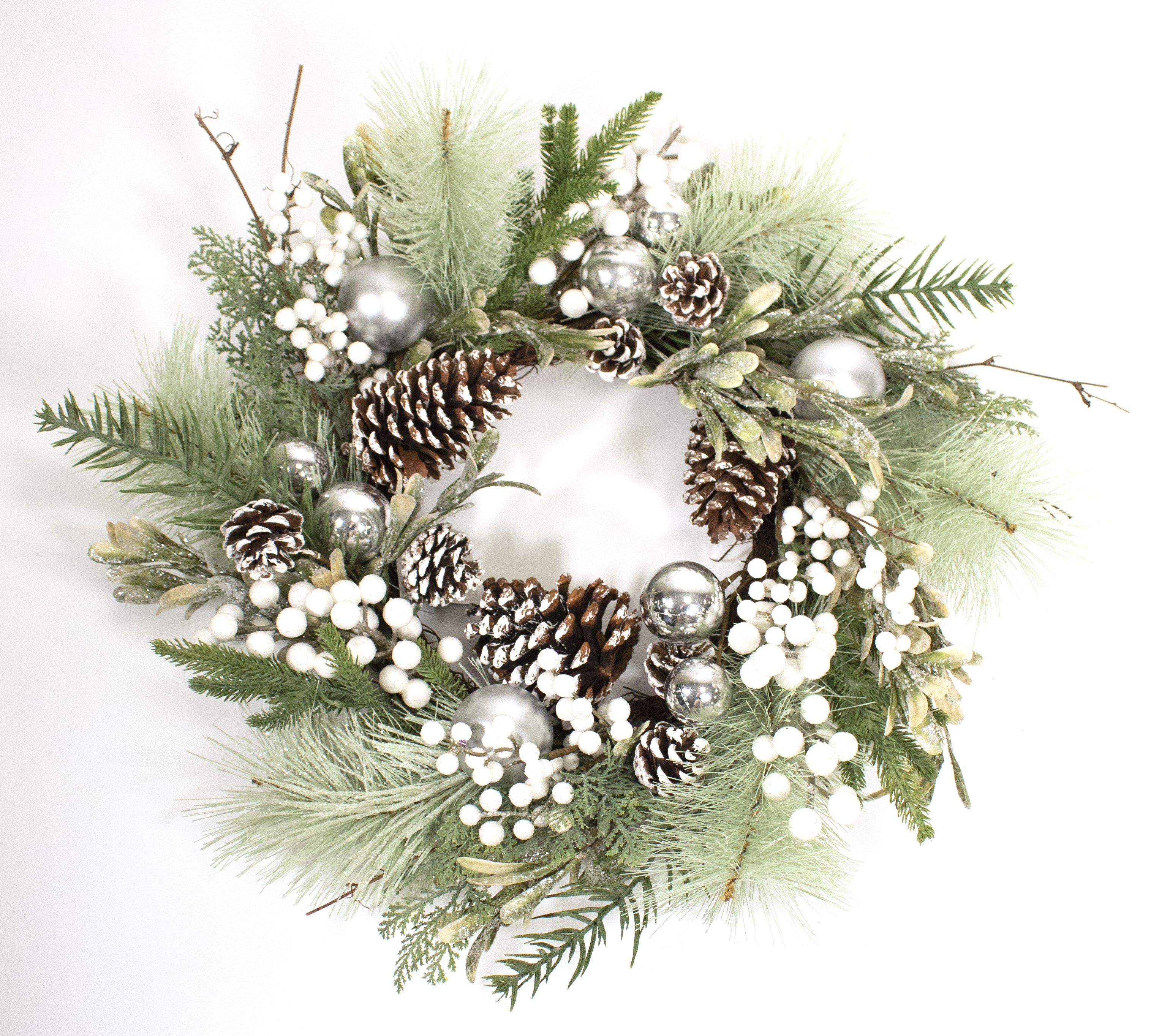 60cm White Berry and Silver Bauble Christmas Wreath