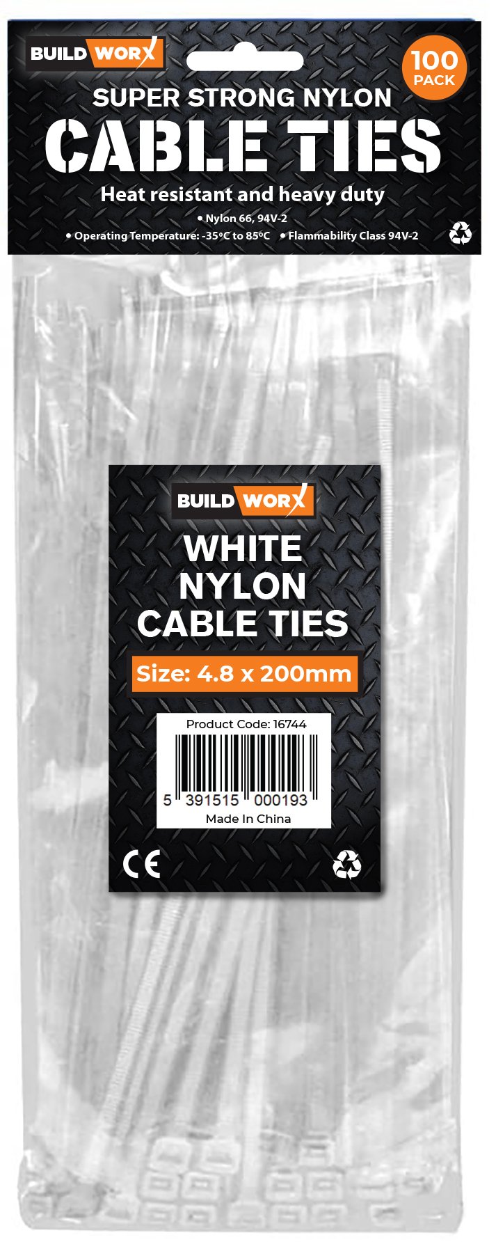 Buildworx Cable Ties 4.8 x 200 White (Pack of 100)