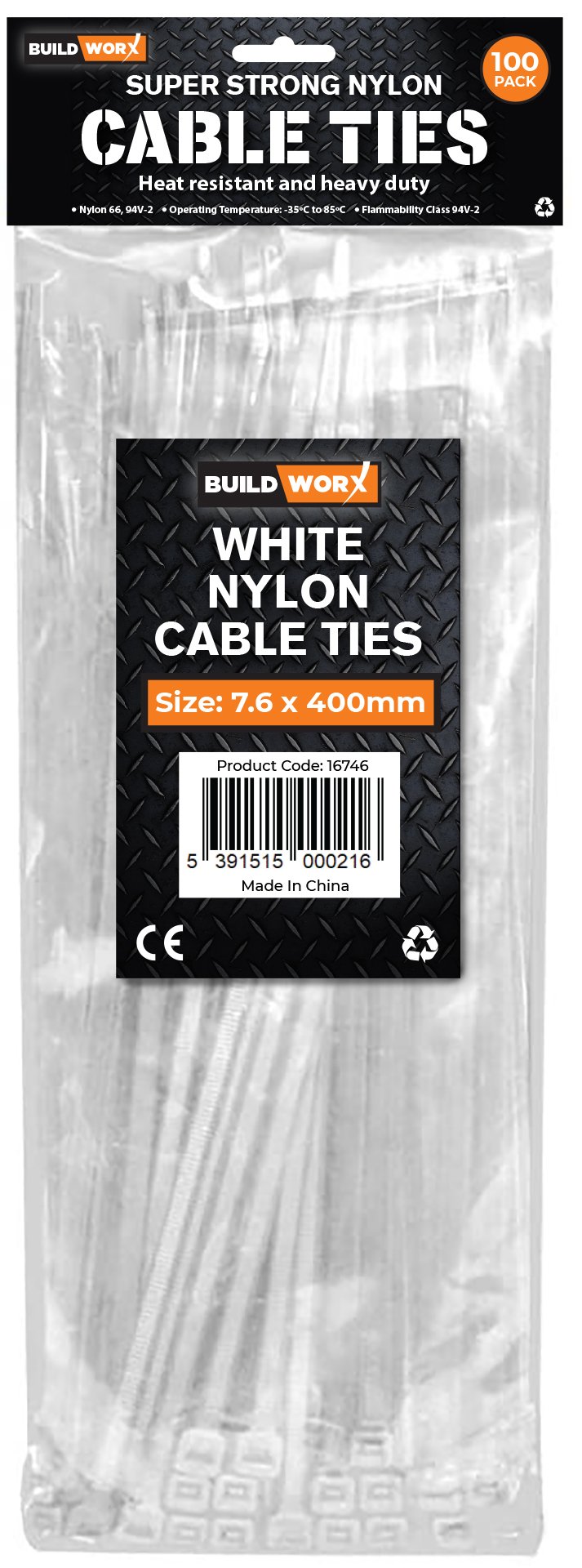 Buildworx Cable Ties 7.6 x 400 White (Pack of 100)