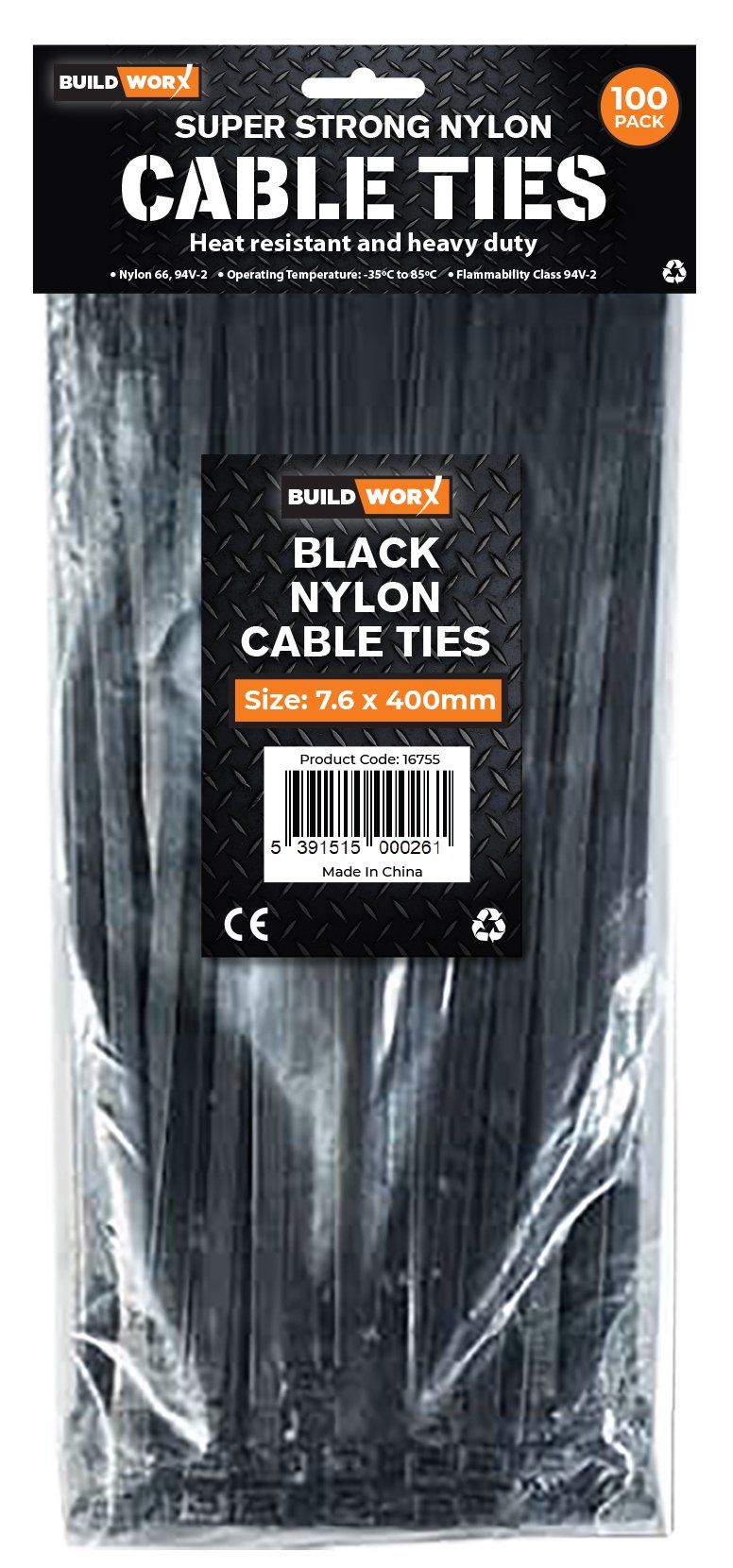 Buildworx Cable Ties 7.6 x 400 Black (Pack of 100)