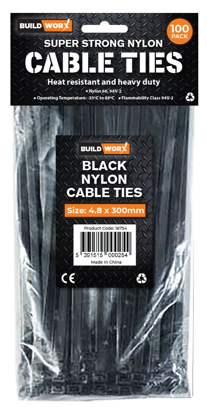 Buildworx Cable Ties 4.8 x 300 Black (Pack of 100)